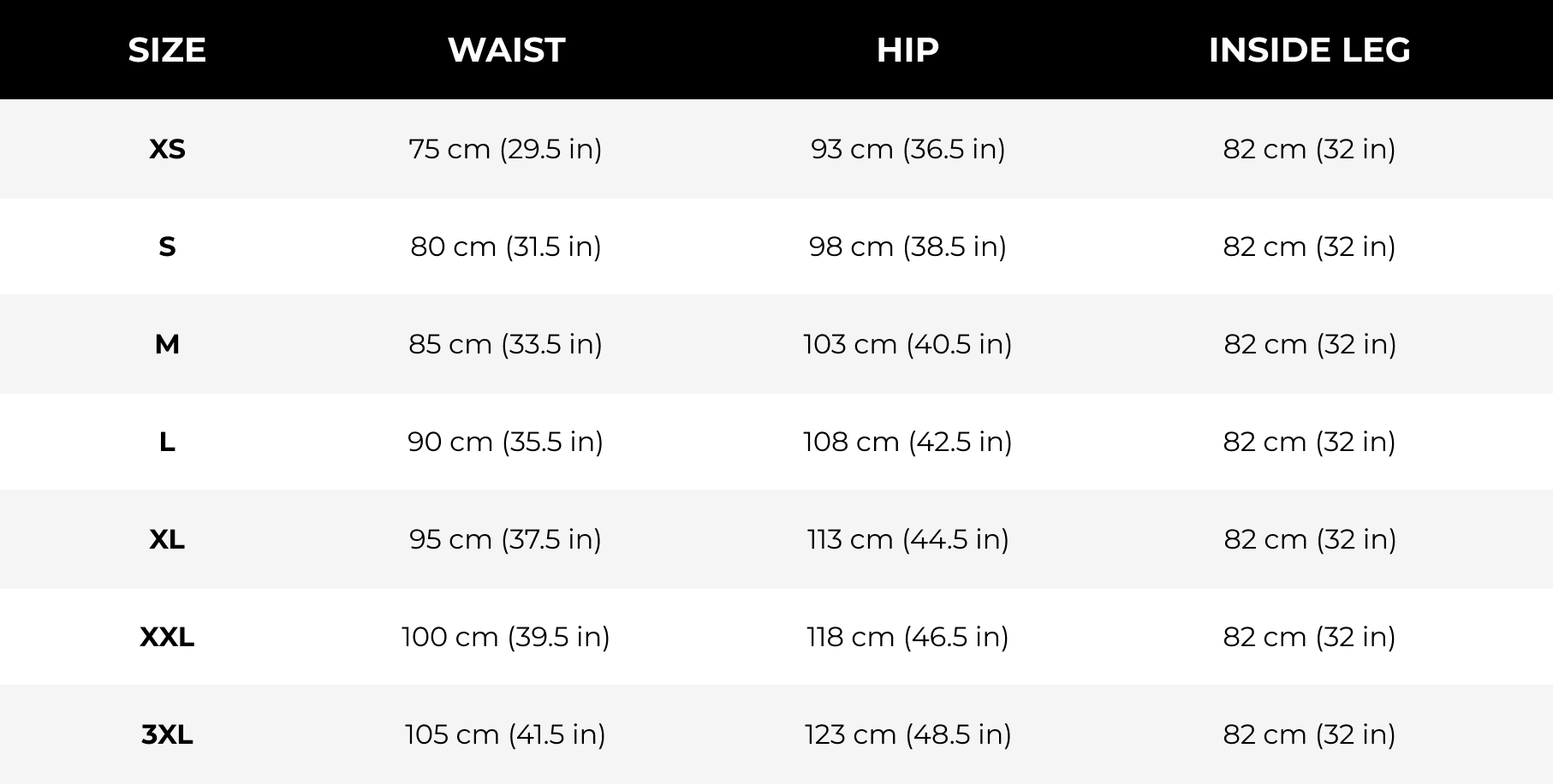 Mens Size Guide Bottoms