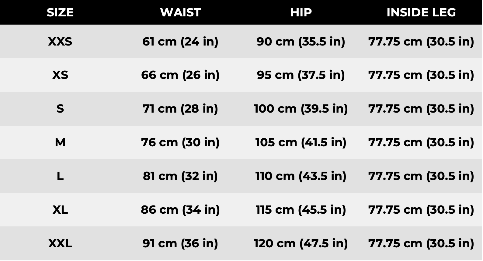Womens Size Guide Bottoms