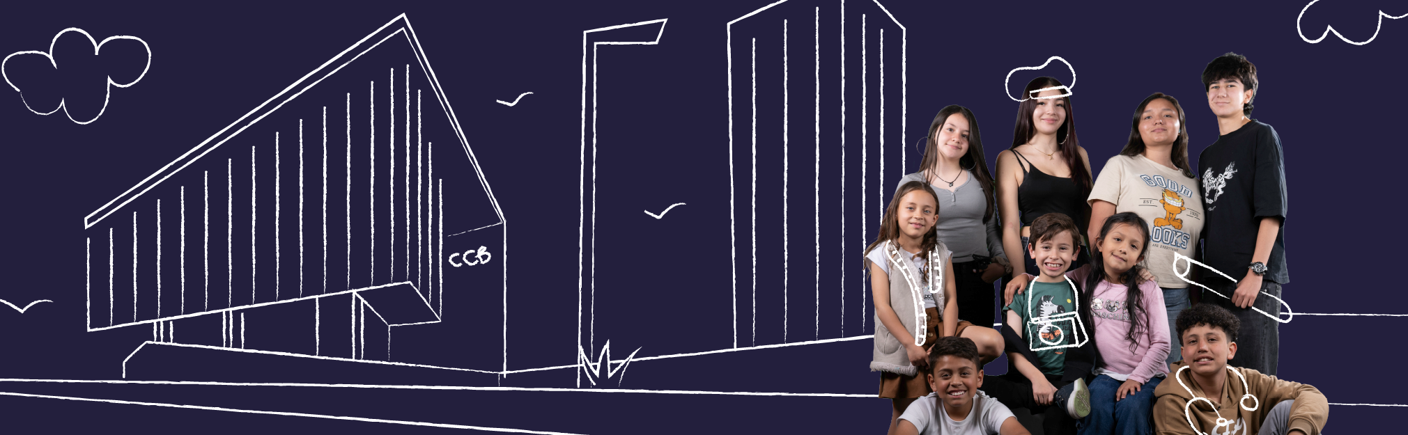 Fotografía con ilustración de un grupo de niños emprendedores.