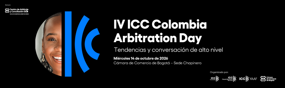 Banner del evento IV ICC Colombia Arbitration Day, diseño de la Cámara de Comercio de Bogotá