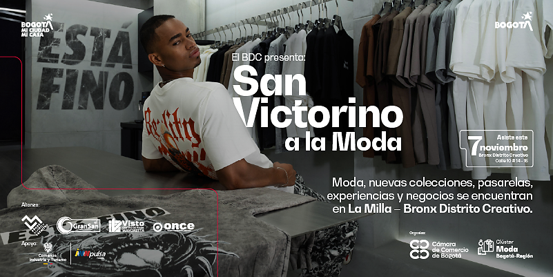 Banner de San Victorino a la moda con un modelo afro en un almacen de ropa