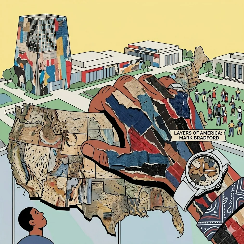 An illustration in a bold-line, distorted-proportion style featuring a massive hand and arm covered in a textured collage of colorful torn paper, a hallmark of artist Mark Bradford's work. The hand holds a large, similarly textured map of the United States. In the background, the modern architectural buildings of the Obama Presidential Center campus are depicted under a pale yellow sky, with a small sign that reads "Layers of America: Mark Bradford." A tiny figure in the bottom corner looks up at the scene, emphasizing the exaggerated scale of the hand.