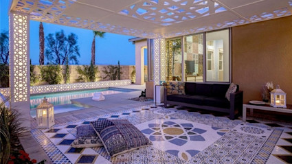 Mosaic outdoor seating by pool