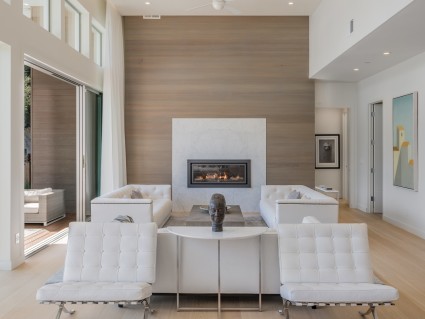 modern living room with statement fireplace