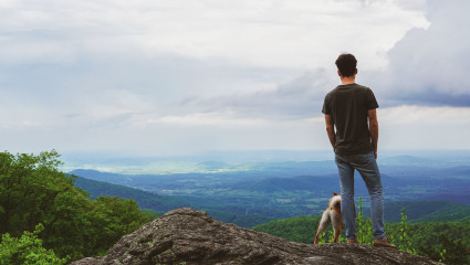 A man and his dog take in a scenic view of the Shenandoah Valley, a great destination for pet-friendly vacations.