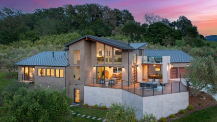 Exterior of a Napa second home nestled above a Knoll with views of vineyards and olive trees