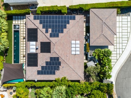 Aerial of Palm Springs house with solar panels