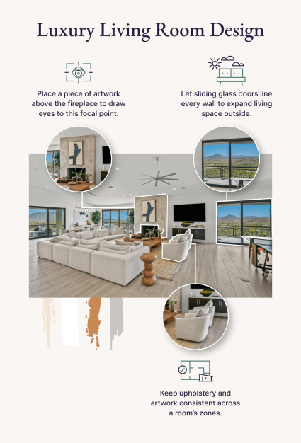An image identifies the luxury interior design principles homeowners can apply to living rooms.