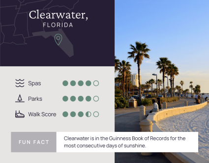 A chart displays some of the factors that make Clearwater, Florida, one of the most relaxing places to visit in the U.S.