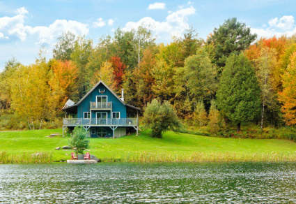 A photo of a luxury lake house, one of the many types of vacation homes.