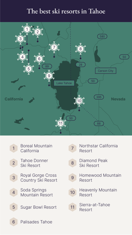 A map of the best ski resorts in Tahoe.