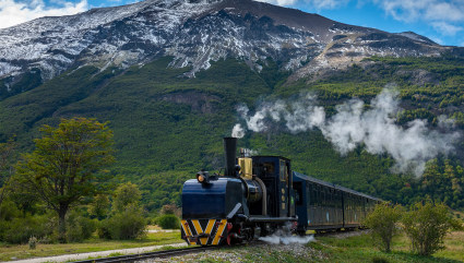A train tours the Tierra del Fuego National Park in Patagonia, one of the best vacation spots for couples. 