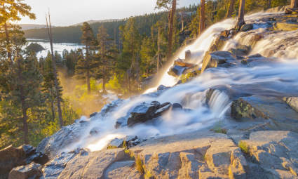 Water flows down a waterfall in Lake Tahoe in summer.
