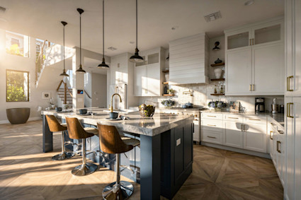 White, luxury kitchen with a blue stained island
