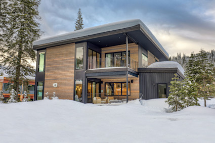 Snowy tahoe home with wood exterior