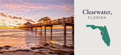 A graphic showcases the scenic ocean views of Clearwater, Florida.