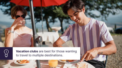 A graphic defines the difference between a vacation club vs timeshare while two people share a meal.