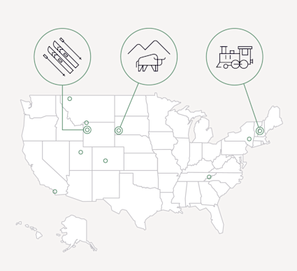 A map of the United States identifies some of the best family vacation spots in the mountains.
