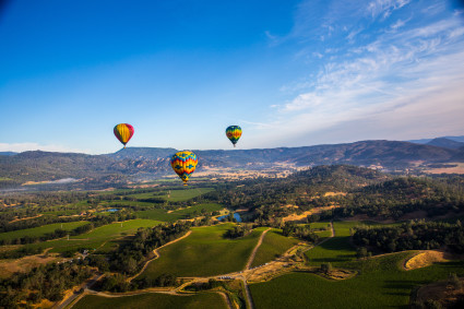 Bird's eye view of Napa Valley with hot air balloons in the distance.