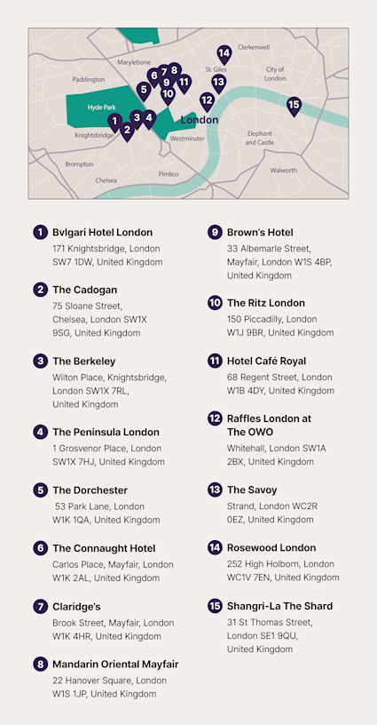 A London map shows locations of the best luxury hotels in London, each marked with a numbered icon corresponding to a list.
