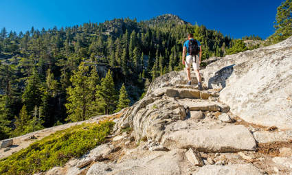 A man hikes up steps on a trail in Lake Tahoe in summer.