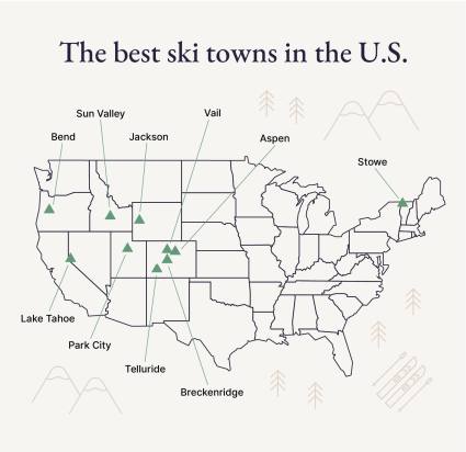 A map provides the locations of the best ski towns in the U.S. 