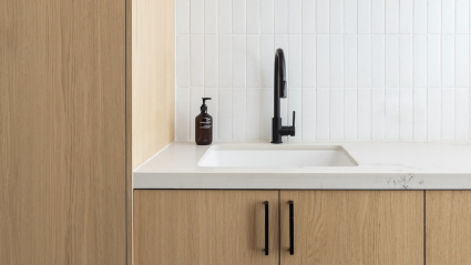 a sink and soap dispenser in a kitchen