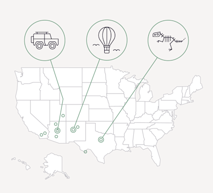 A map of the United States identifies some of the best family vacation spots in the desert.