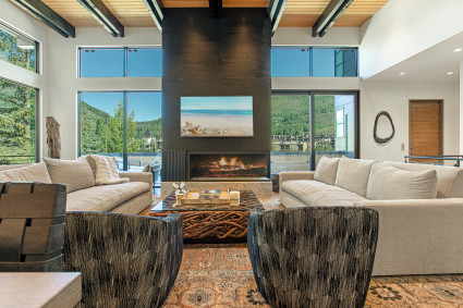 Living room with luxury interior design and mountain views.