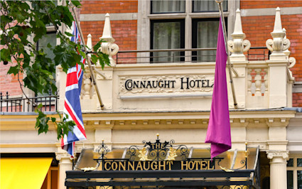 An up-close view of The Connaught Hotel's entrance, a celebrated establishment among the best hotels in London.
