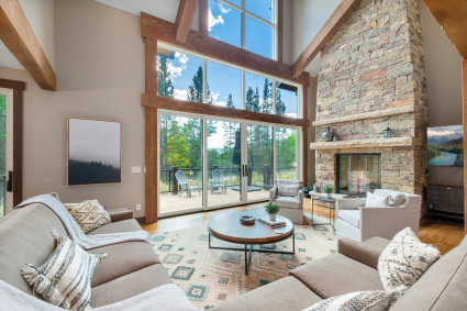 stone fireplace in living room