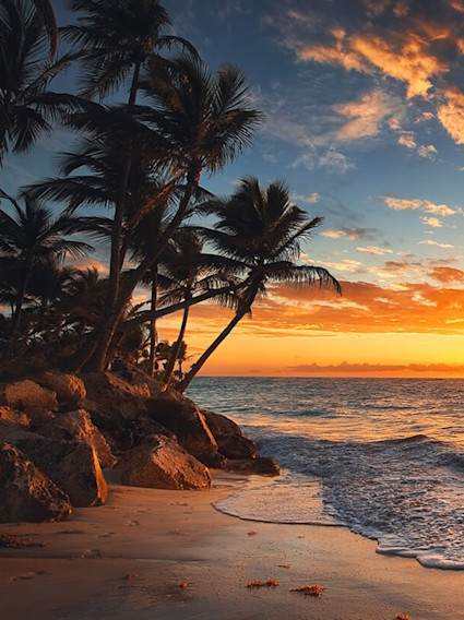 Hawaiian beach during a colorful sunset over the ocean with the silhouette of a group of palm trees.