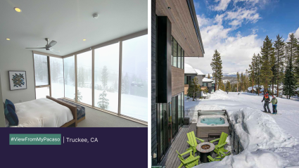 View of ski trail and pine trees from a second home in Truckee