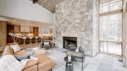 Living space with stone fireplace