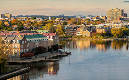 Old Town Alexandria’s brick row houses and historic waterfront create a timeless scene in one of the most beautiful places in the US.