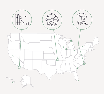 A map of the United States identifies the best family vacation spots.