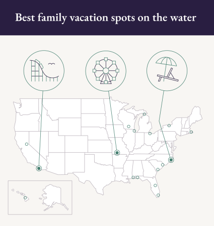 A map of the United States identifies the best family vacation spots.