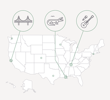 A map of the United States identifies the best family vacation spots in major cities.