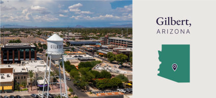 A graphic showcases the beautiful downtown area of Gilbert, Arizona.