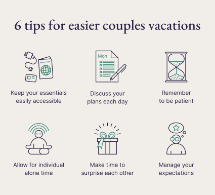 An image shares six tips couples can use when they travel to one of the best vacation spots for couples in the world. 