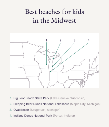 A map identifies four of the best beaches for kids in the Midwest. 
