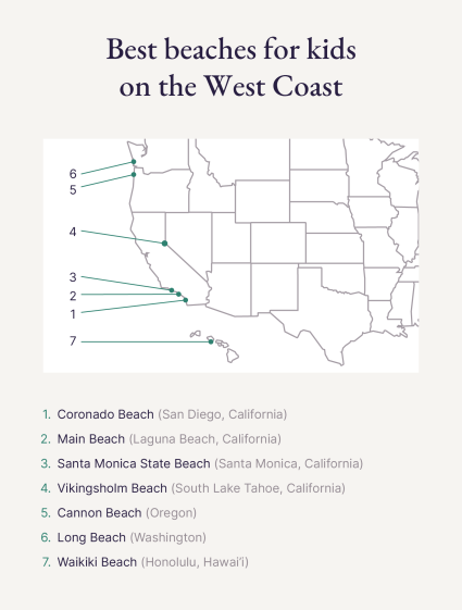 A map identifies seven of the best beaches for kids on the West Coast.