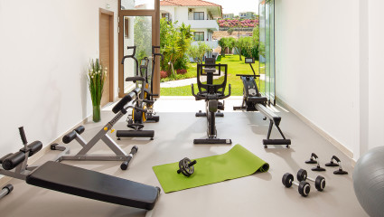Workout equipment fills the space of a weight room, one of the most popular zen room ideas.