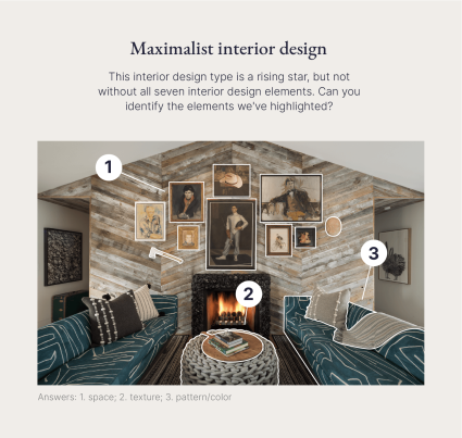 A living room is decorated in a Maximalist style, one of the trending types of interior design in 2022.