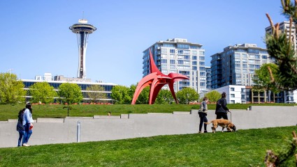 A couple walks their dog in Olympic Sculpture Park with the Space Needle in the distance, a great destination for pet-friendly vacations.
