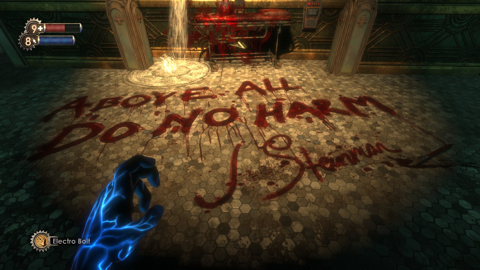 The words "ABOVE ALL DO NO HARM - J. Steinman" written on the floor in blood.