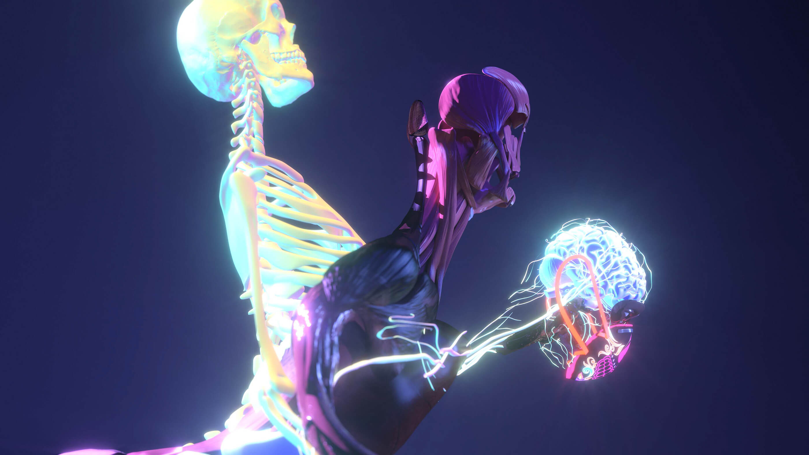 人体结构上采用风格化材质打造霓虹效果