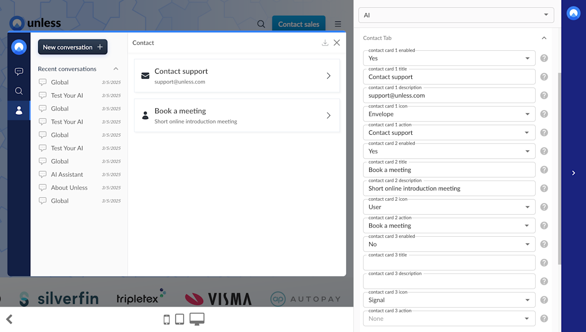 Contact tab options in the AI component editor