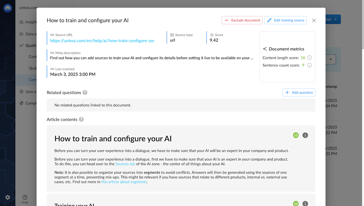 Conversation details page - viewing source content