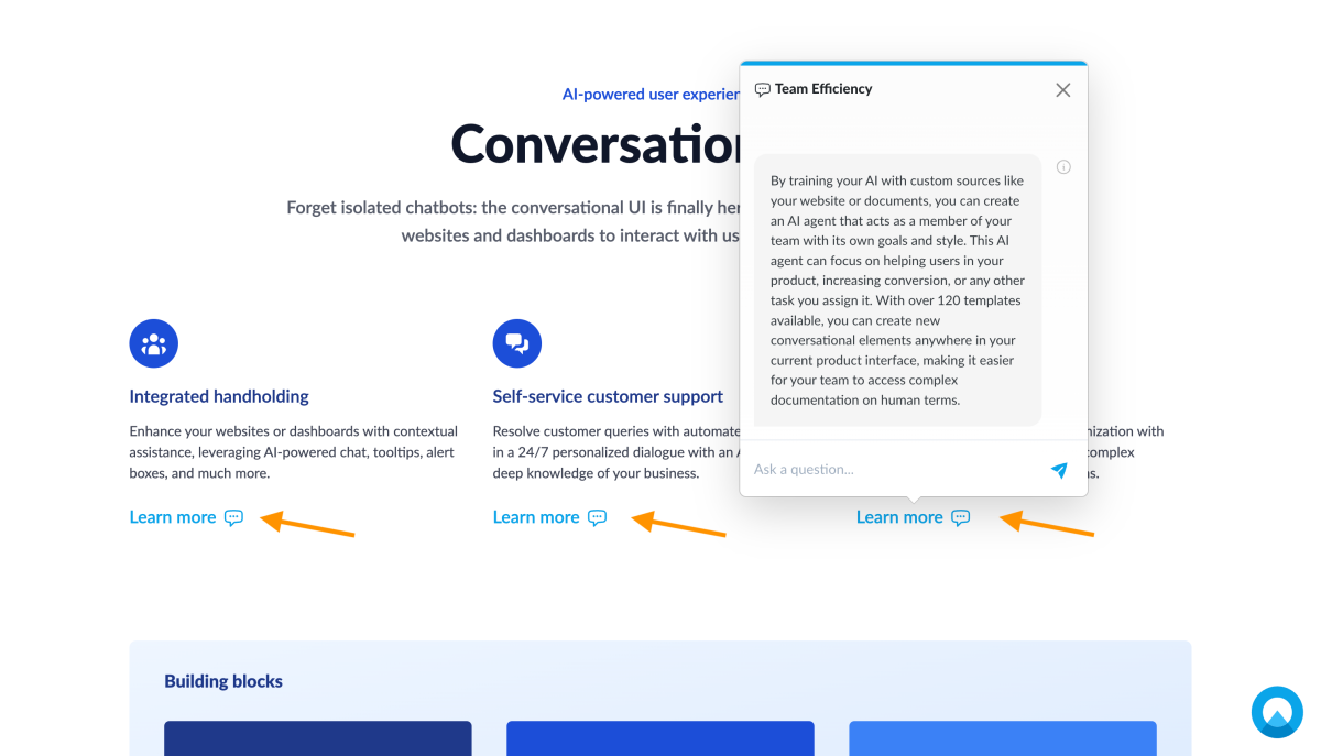 Conversational UI component example from the Unless homepage